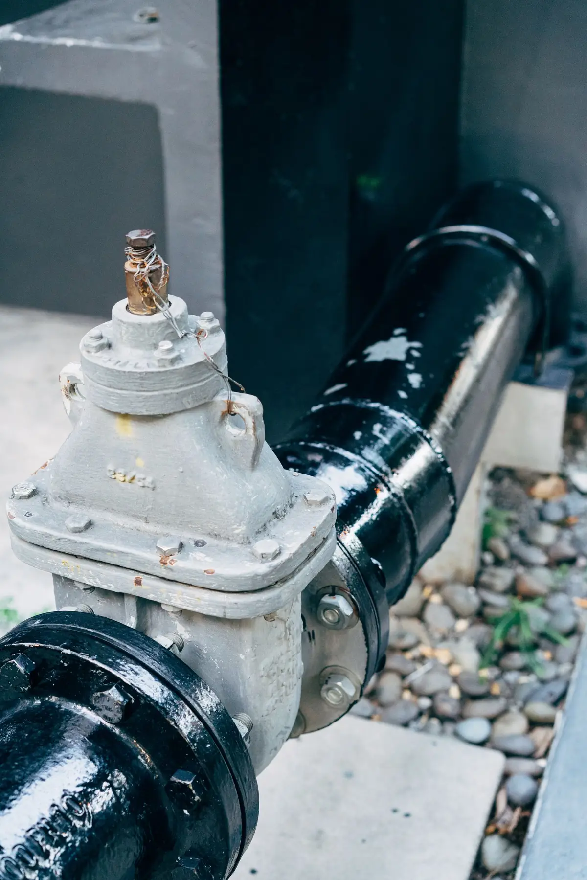 Valve and black pipe with white fittings