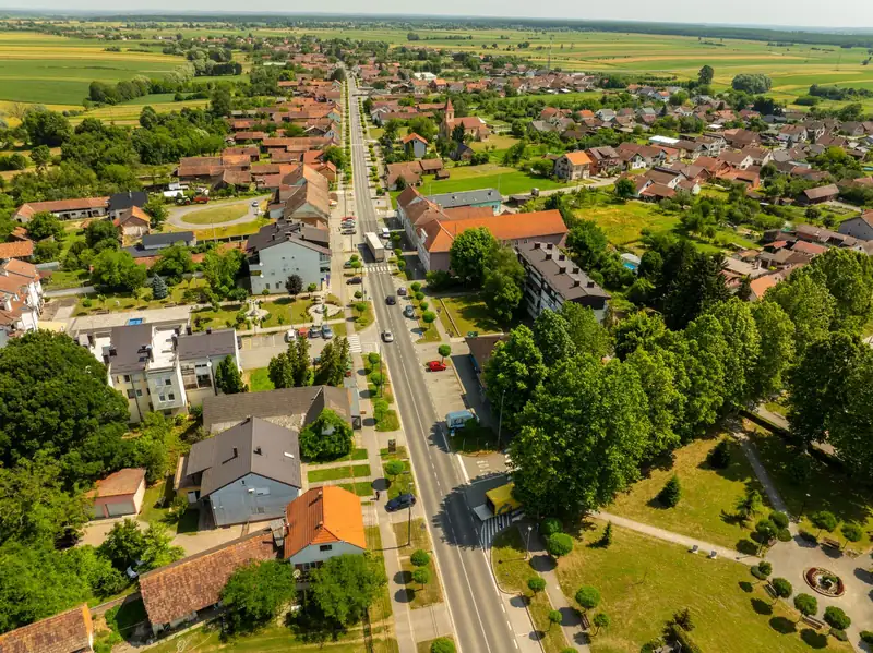 Aerial view of a small town with tree-lined streets