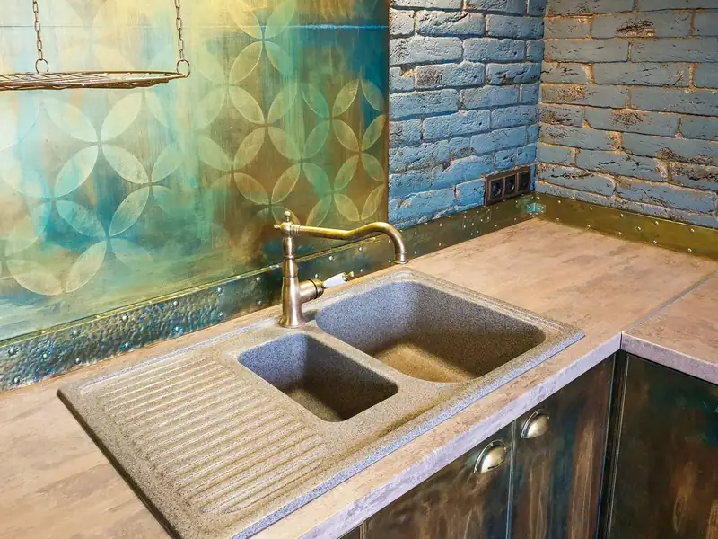 Rustic double kitchen sink with a faucet
